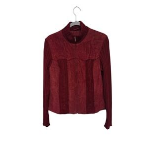 90s Vintage Coldwater Creek Leather Knit Jacket Burgundy Women's Large Zip  Coat